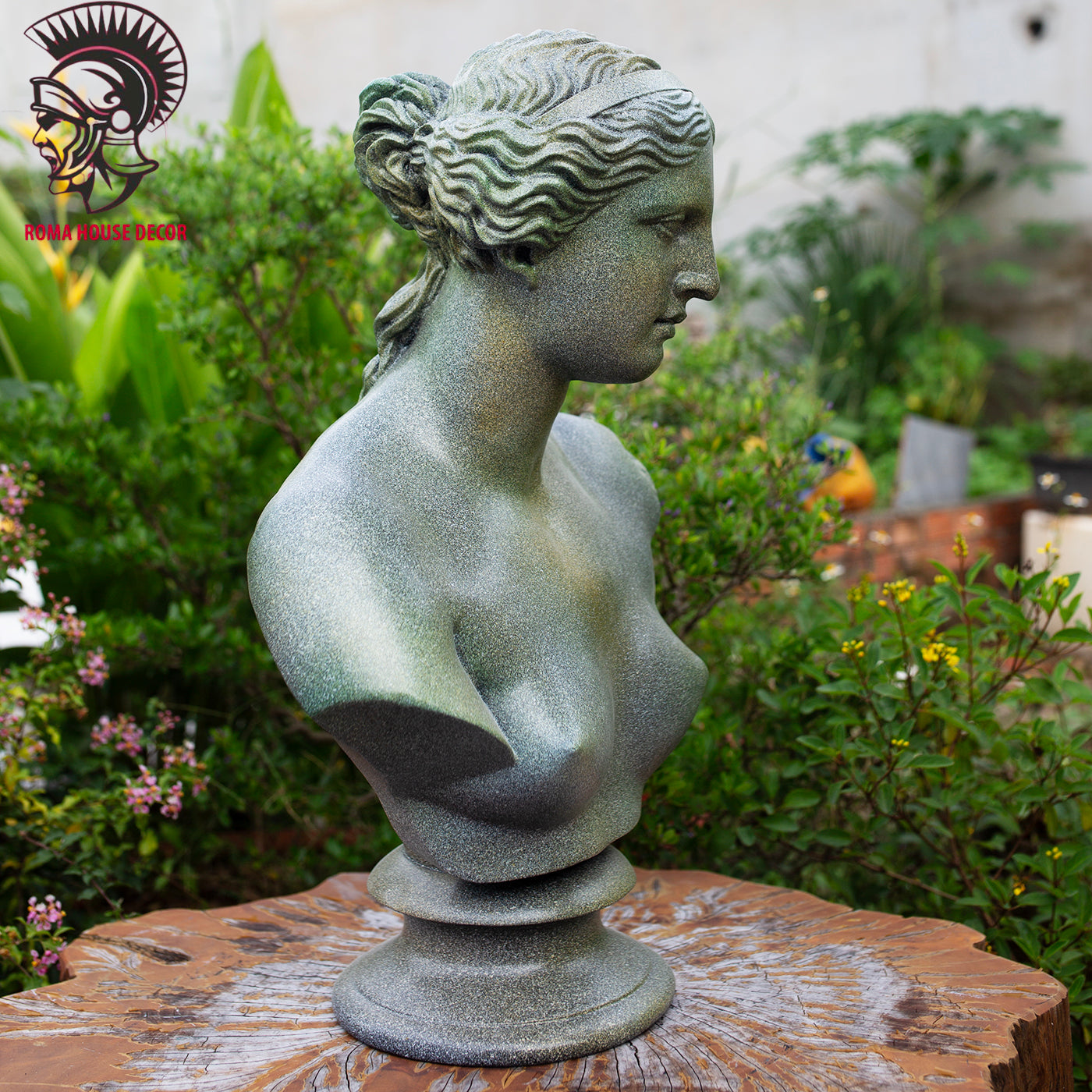 Venus de Milo Bust with Corinthian Column – Greek Goddess Sculpture Set, Green Stone Finish (20.8" & 30.7")