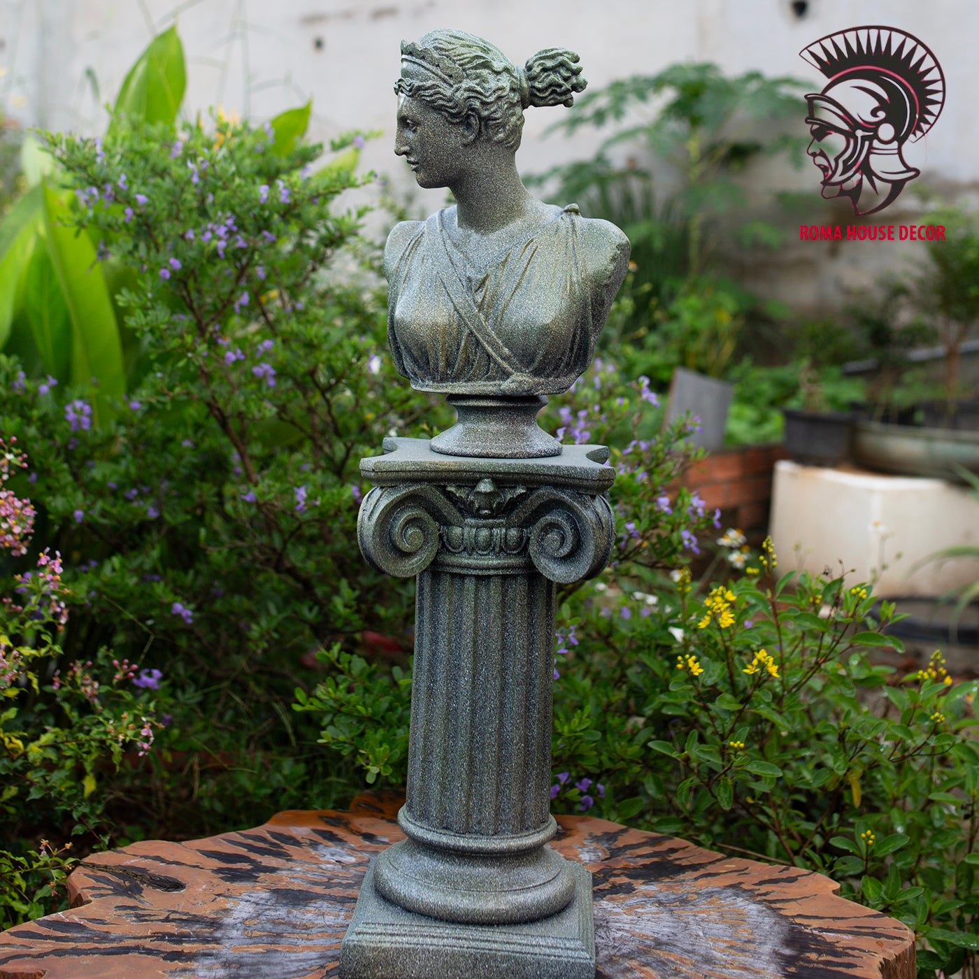 Greek Goddess Artemis Bust with Column Pedestal – Classic Green Stone Finish Sculpture Set (11.8" & 13")