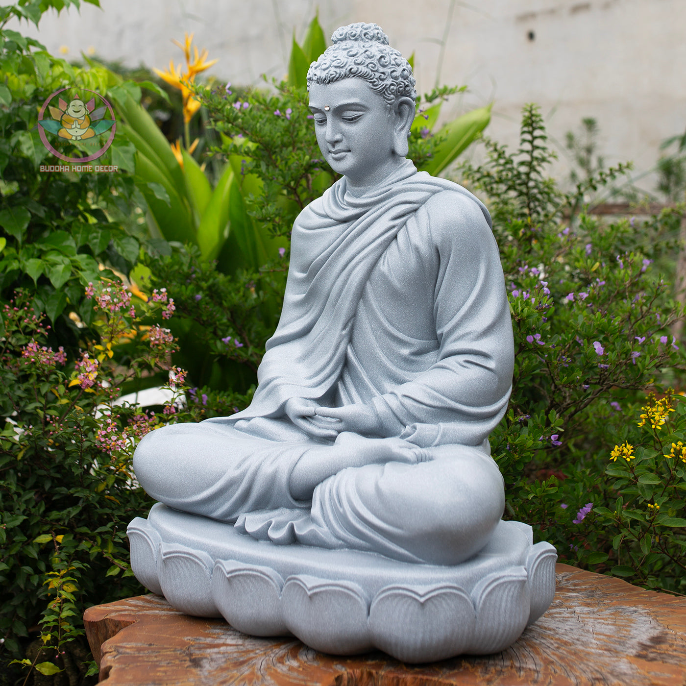 Shakyamuni Buddha Statue 23.6" | Composite Resin and Stone Powder | Grey Stone Finish | Seated Meditation Buddha on Lotus Pedestal