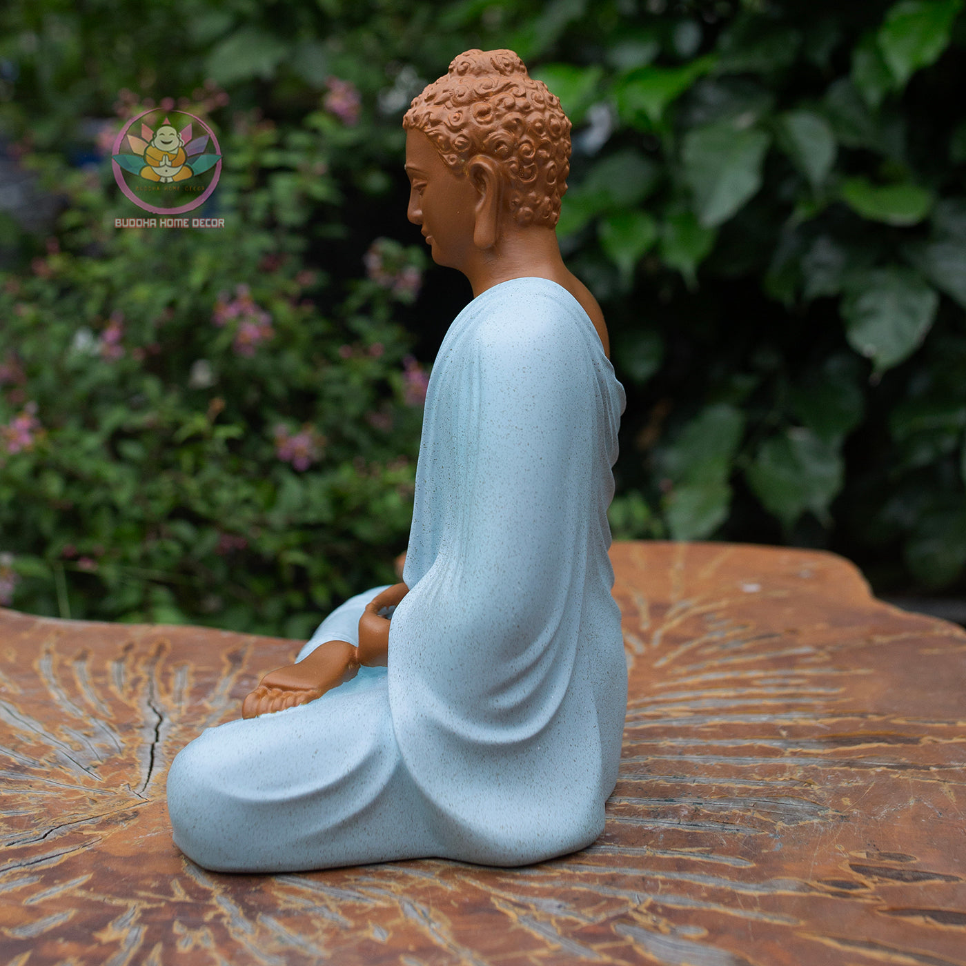 Shakyamuni Buddha Statue 9.4" – Composite Seated Buddha with Blue Robe, Zen Buddhist Altar Home Decor Figurine