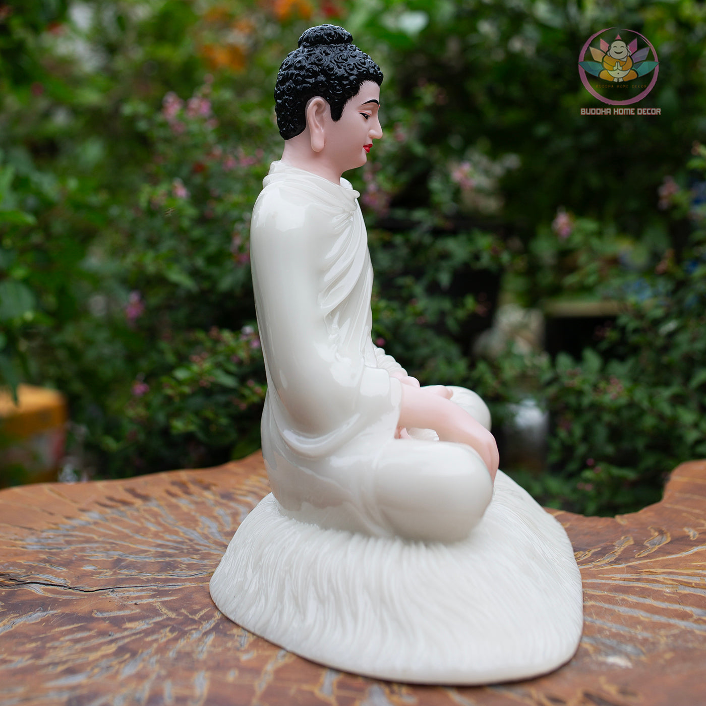 Shakyamuni Buddha Statue 11.8" – Glossy White Resin Meditation Figurine, Seated Buddhist Sculpture for Zen Home Altar, Yoga Studio Decor
