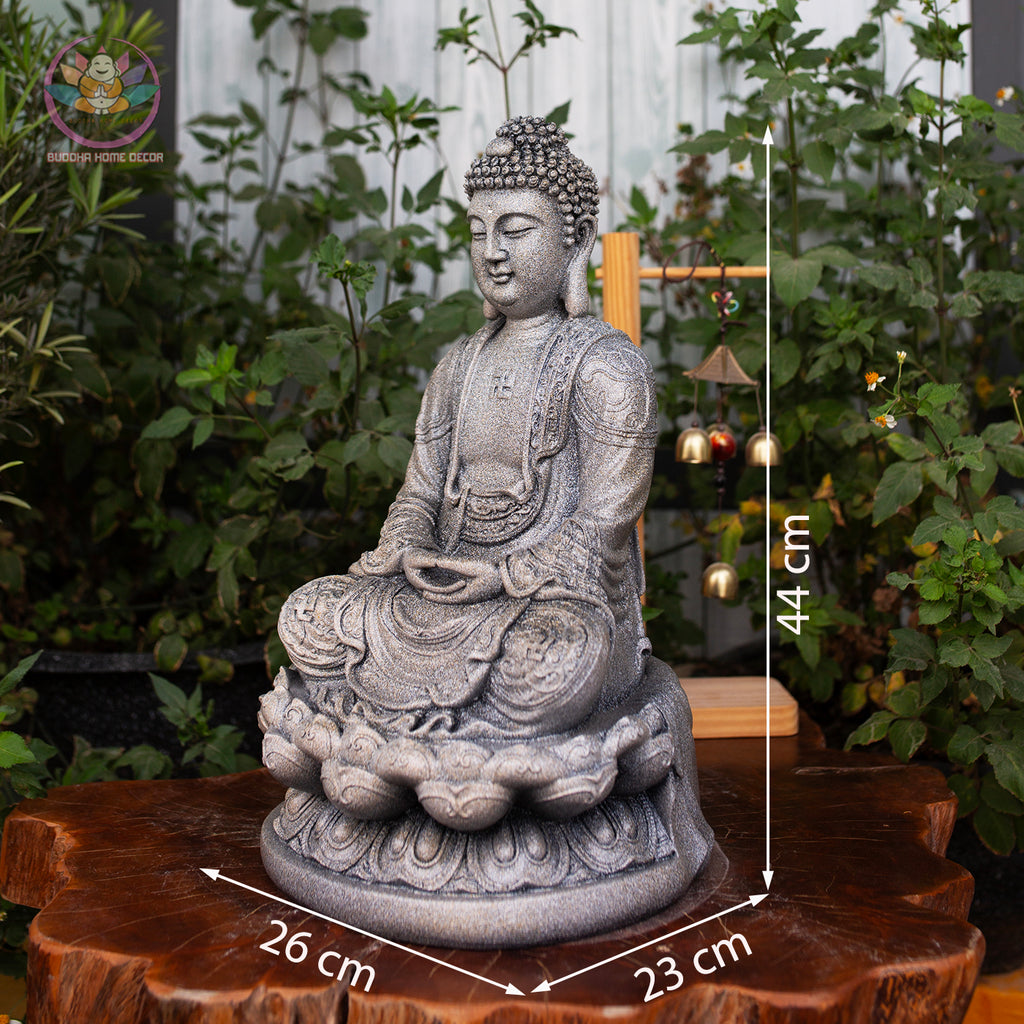 Amitabha Buddha Statue – Gray Stone Finish Resin Sculpture – Zen Meditation Decor, Buddhist Altar Ornament, Spiritual Gift