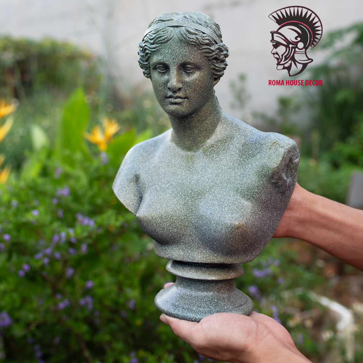 Venus de Milo Bust with Column Pedestal – Greek Goddess Sculpture Set, Green Stone Finish (11.8" & 13")