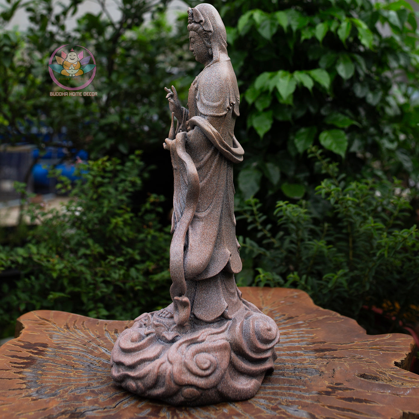 Guanyin Bodhisattva Statue 19.7" – Antique Stone Finish Standing Kwan Yin on Cloud Base