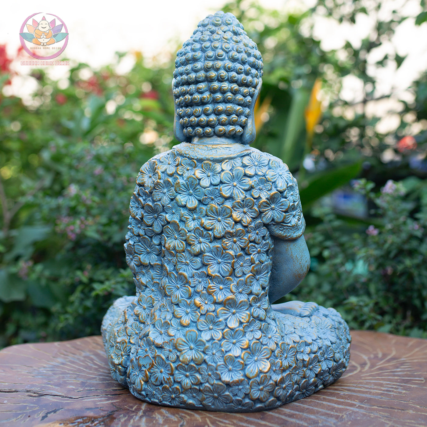 Shakyamuni Buddha Statue – Blue Floral Meditation Sculpture – Zen Home Decor, Buddhist Altar Ornament, Mindfulness Spiritual Gift