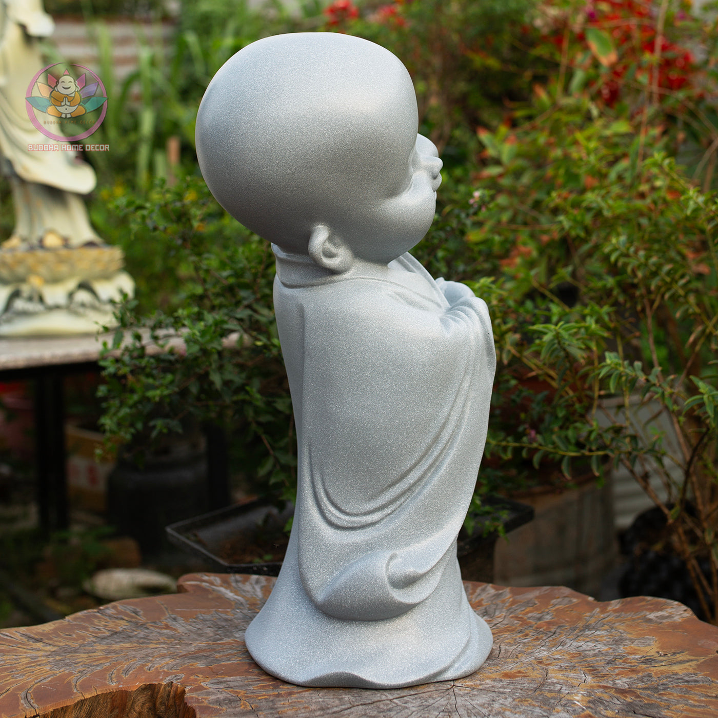 Happy Little Monk Statue 19.7" | Composite Resin and Stone Powder | Grey Stone Finish | Zen Monk Figurines for Home and Garden Decor