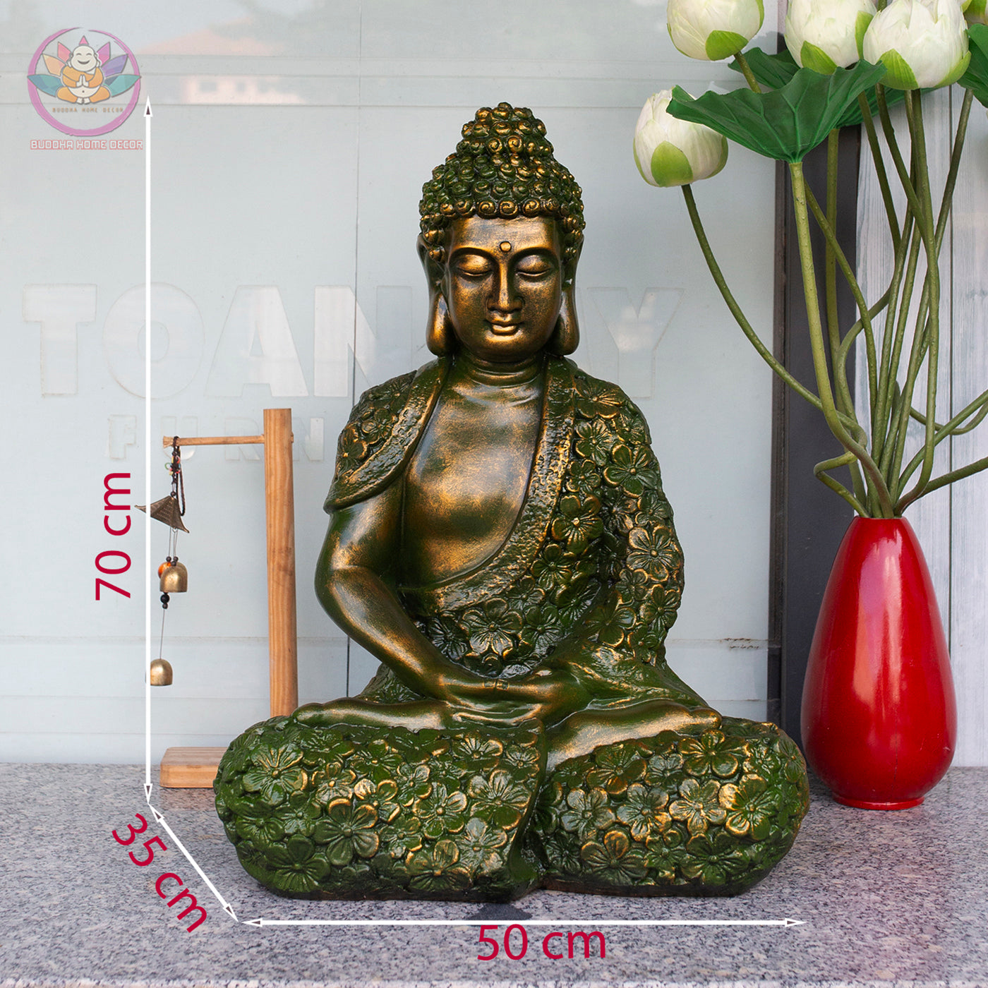 Floral Buddha Statue – 17" or 27.5" | Green Bronze Finish | Meditation Shakyamuni | Resin Handcrafted Buddhist Decor from Vietnam