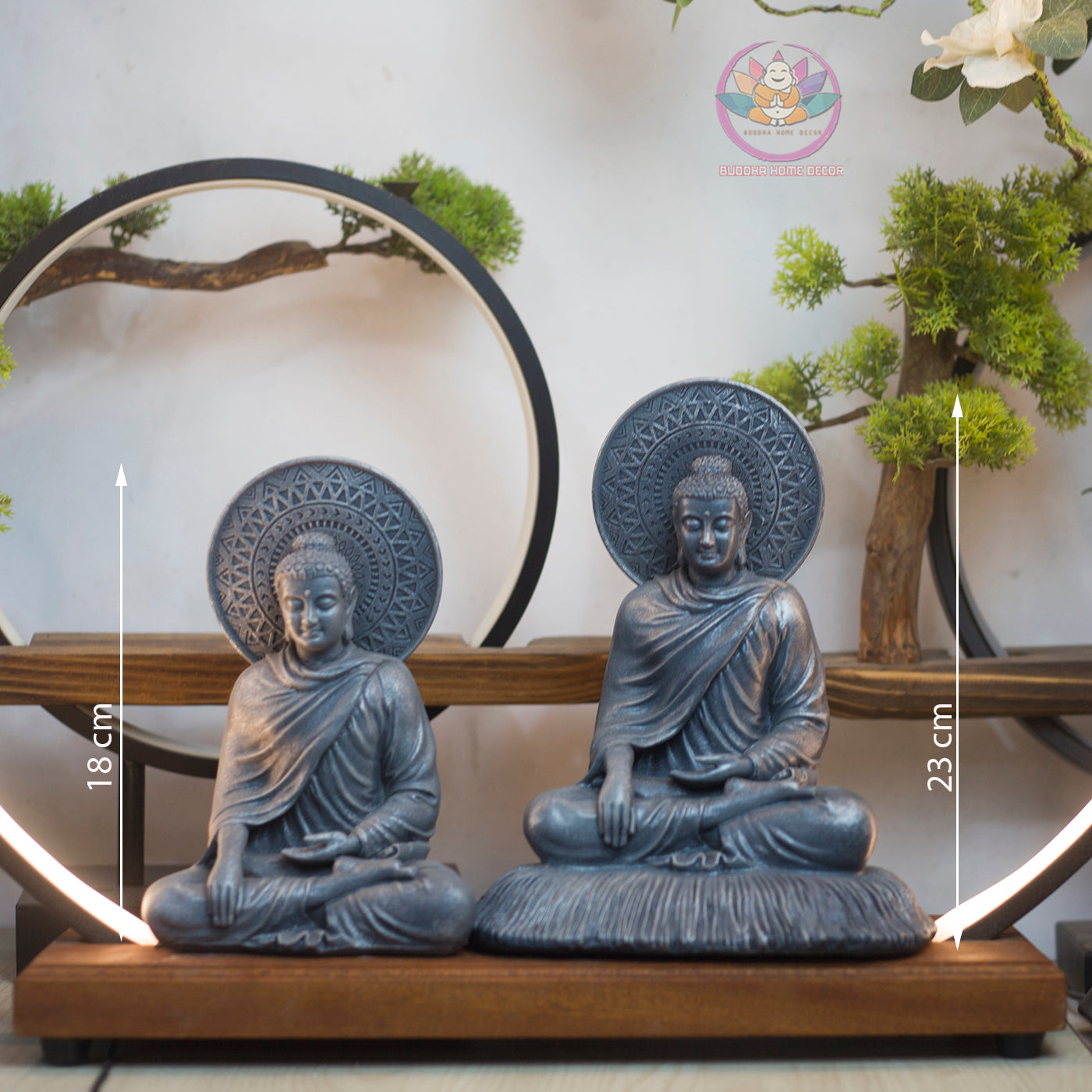 Buddha Statue with Halo – Shakyamuni Meditation Sculpture | Composite Resin Stone Finish | 18cm & 22cm