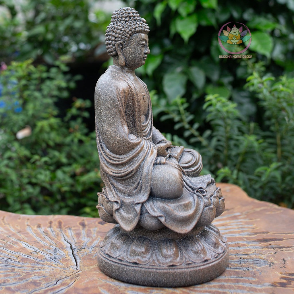 Amitabha Buddha Statue 11.8" – Antique Stone Finish Seated Amida Buddha on Lotus Pedestal