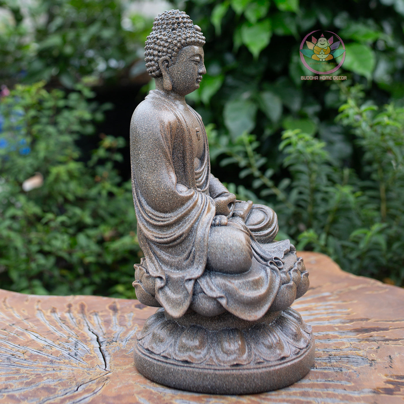 Amitabha Buddha Statue 11.8" – Antique Stone Finish Seated Amida Buddha on Lotus Pedestal