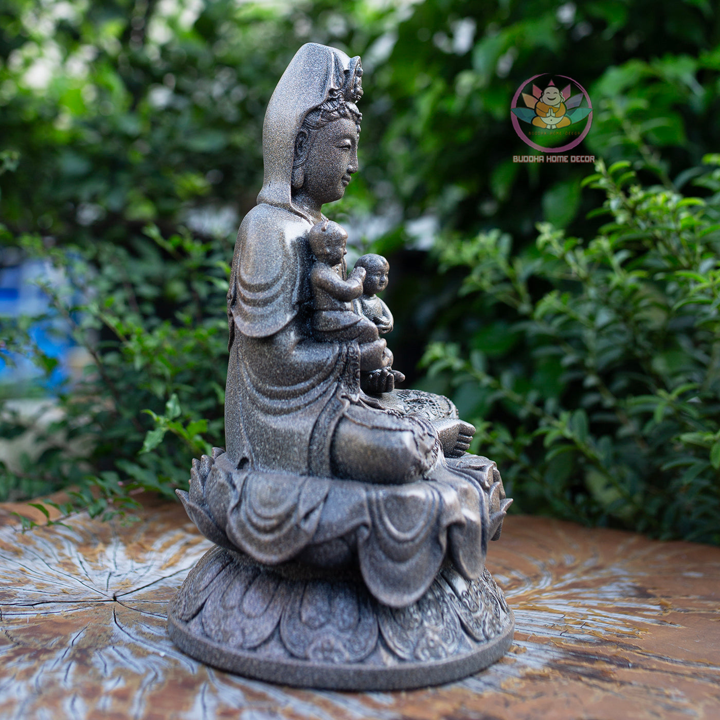 Quan Yin with Children Statue 11.8" | Granite Stone Finish | Guanyin Bodhisattva for Home Altar and Decor
