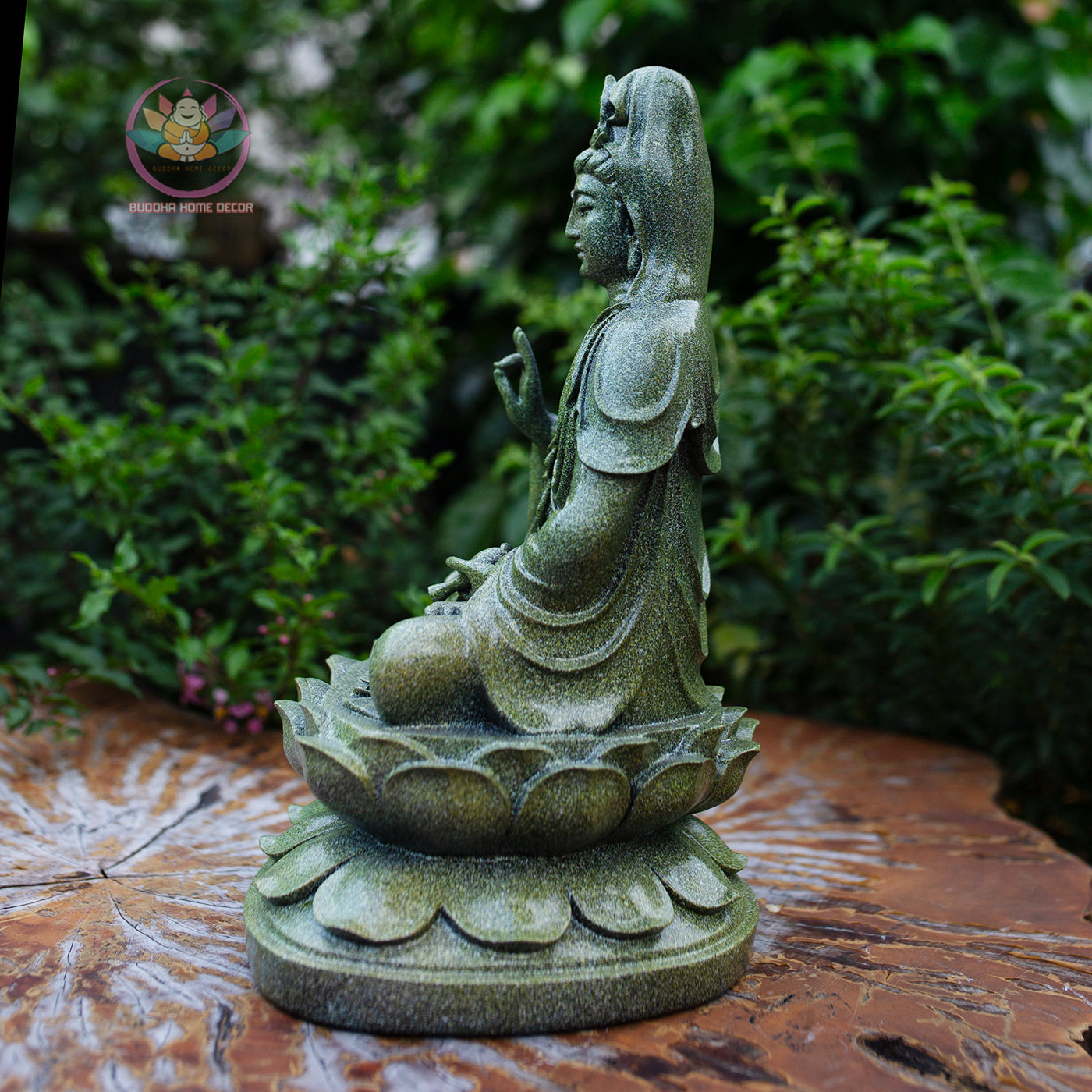 Quan Yin Bodhisattva Statue 11.8" | Green Stone Finish | Seated Guanyin on Lotus Pedestal