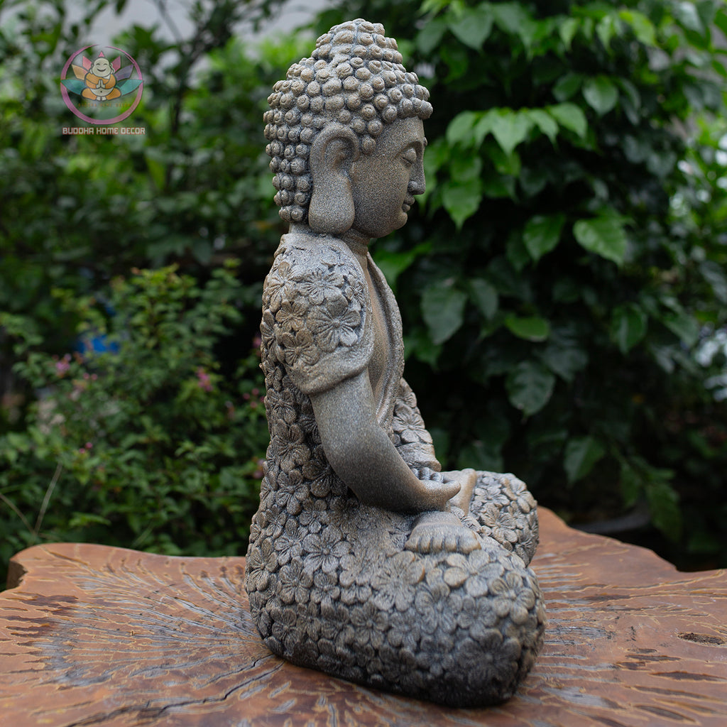 Meditating Buddha Statue 16.9" – Antique Stone Finish Floral Robe Buddha Sculpture