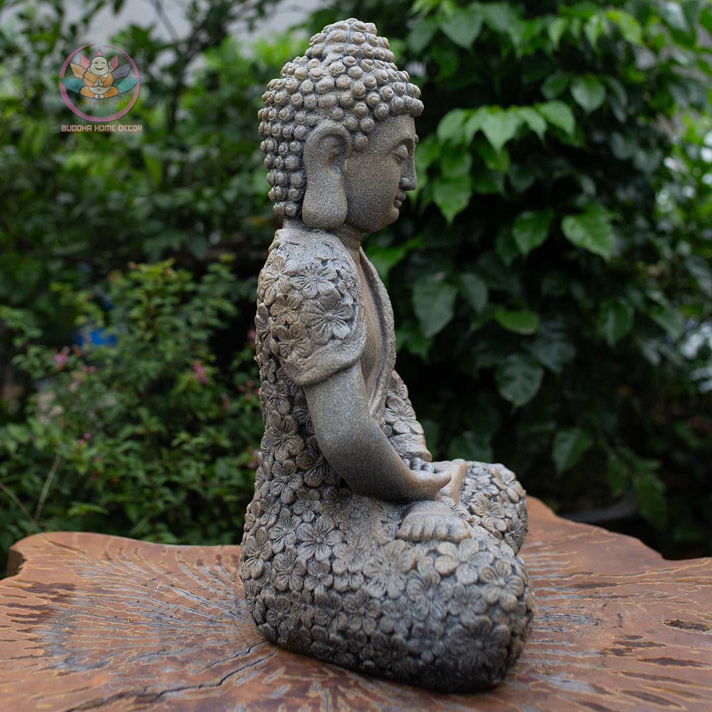 Meditating Buddha Statue 16.9" – Antique Stone Finish Floral Robe Buddha Sculpture