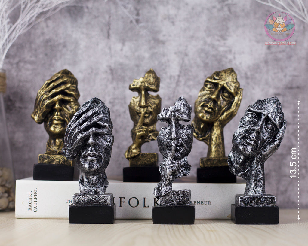 3 Wise Faces Sculpture Set – Hear No Evil, Speak No Evil, See No Evil – Modern Abstract Resin Statue Home Office Shelf Decor