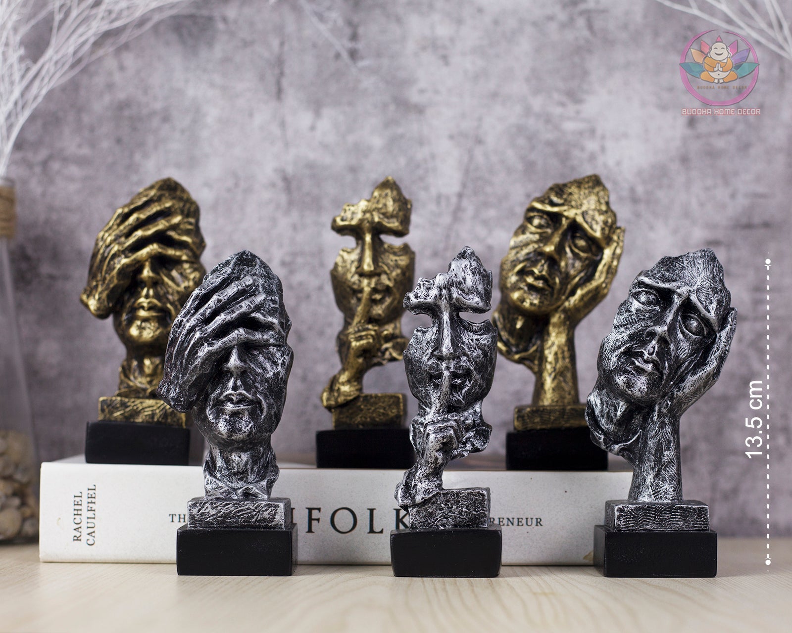 3 Wise Faces Sculpture Set – Hear No Evil, Speak No Evil, See No Evil – Modern Abstract Resin Statue Home Office Shelf Decor