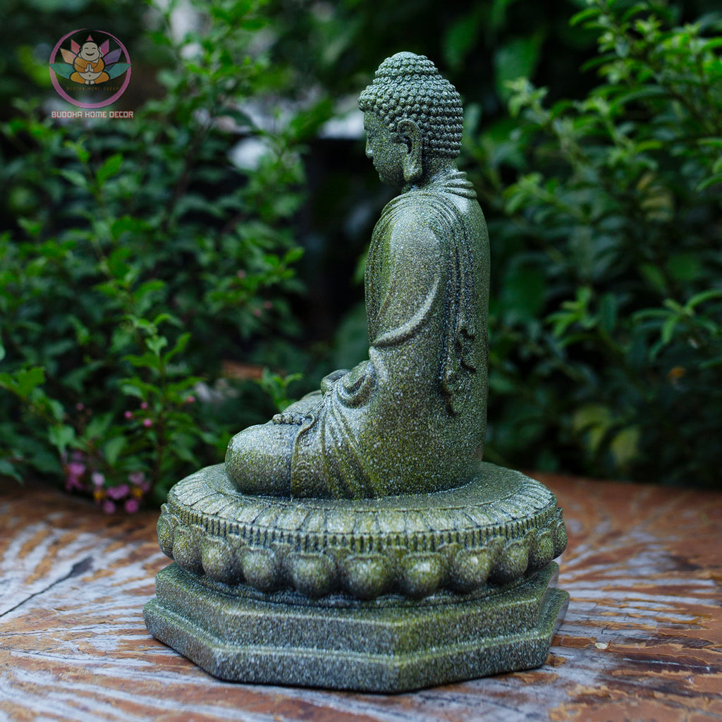 Shakyamuni Buddha Statue | Composite Resin and Stone Powder | Granite Stone Finish | Seated Meditation Buddha on Lotus Pedestal