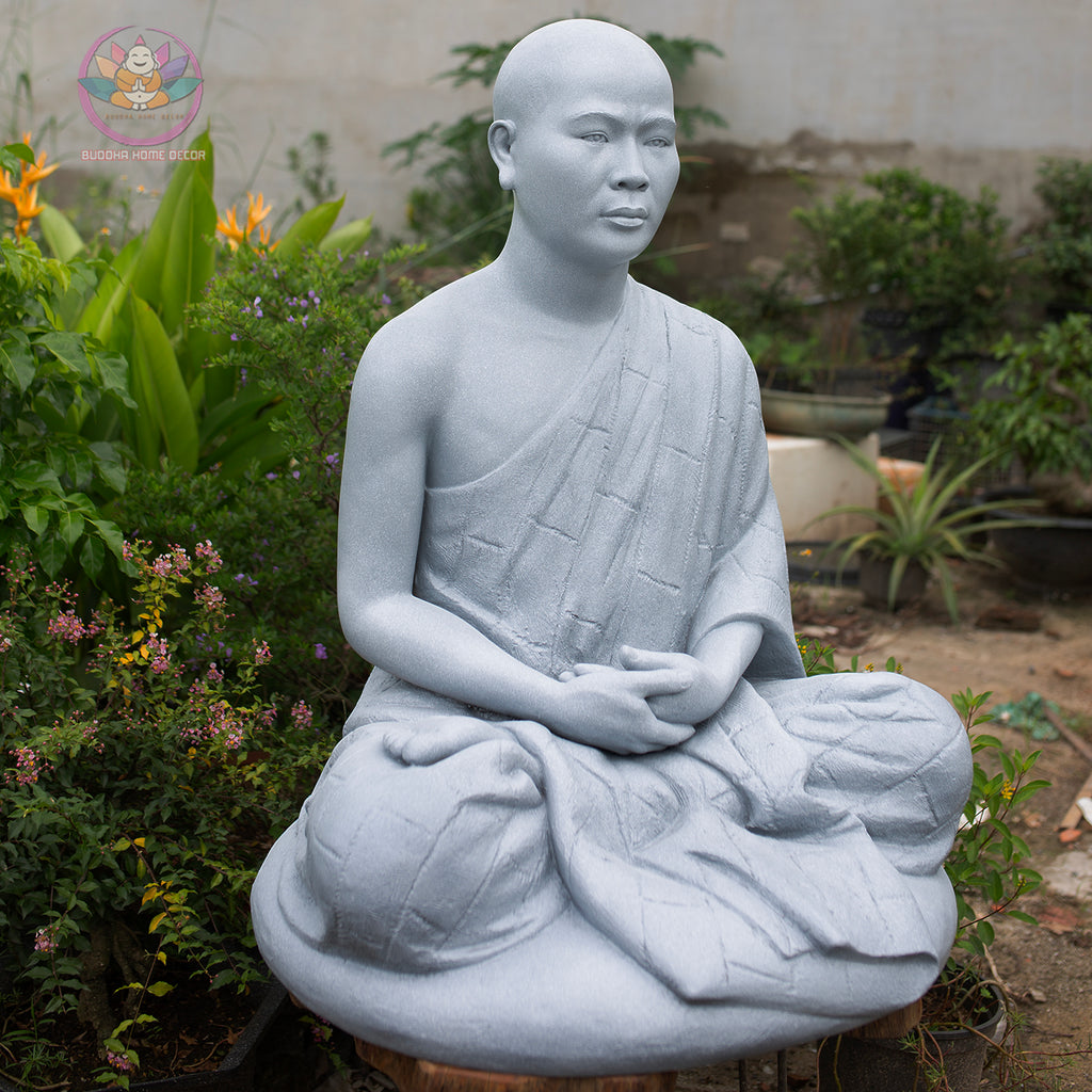 Thich Minh Quang Monk Statue 36" | Composite Resin and Stone Powder | Grey Stone Finish | Seated Meditation Monk Sculpture