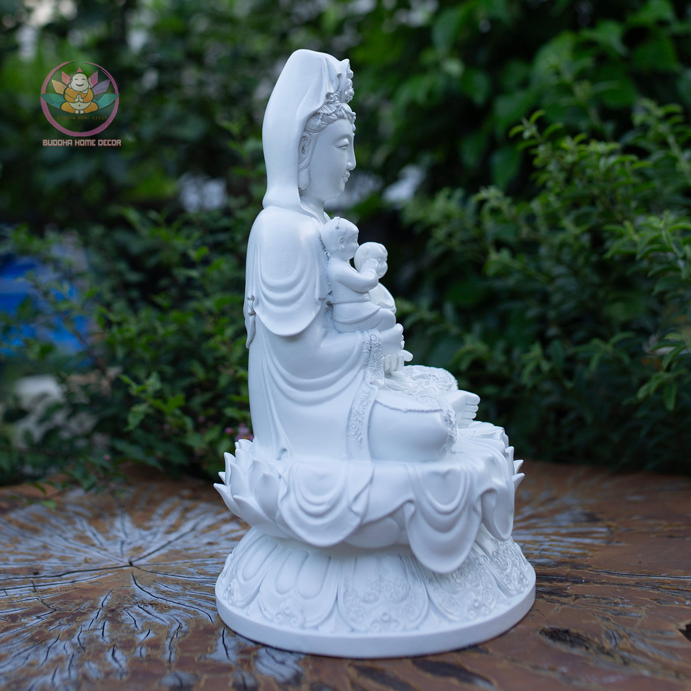 Quan Yin with Children Statue 11.8" | Composite Resin and Stone Powder | White Finish Guanyin Bodhisattva