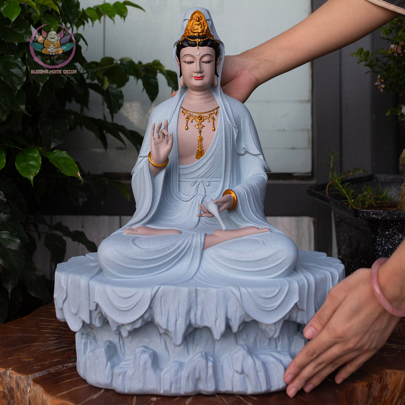 Guanyin Bodhisattva Statue 17.7" – Large Resin Kwan Yin Sitting on Rock Pedestal, Goddess of Mercy Sculpture, Zen Buddhist Altar Decor