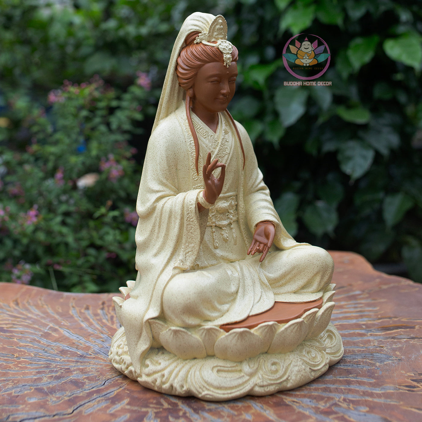 Guanyin Bodhisattva Statue 11.8" – Composite Seated Quan Yin on Lotus Pedestal