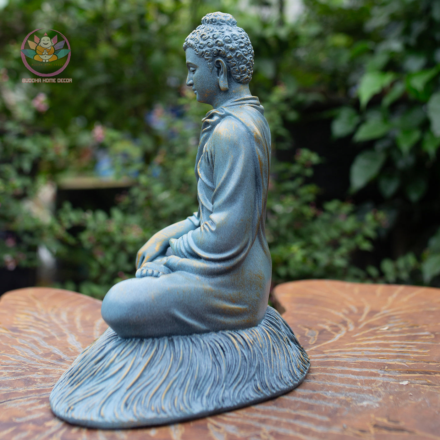 Shakyamuni Buddha Statue 11.8" – Antique Bronze Blue Resin Meditation Sculpture, Seated Buddhist Figurine, Zen Home Altar Spiritual Decor