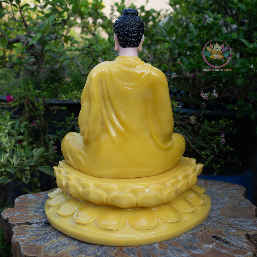 Shakyamuni Buddha Statue on 2-Layer Lotus Base – 50cm | Yellow Quartz Finish | Meditation Buddha | Spiritual Home Decor