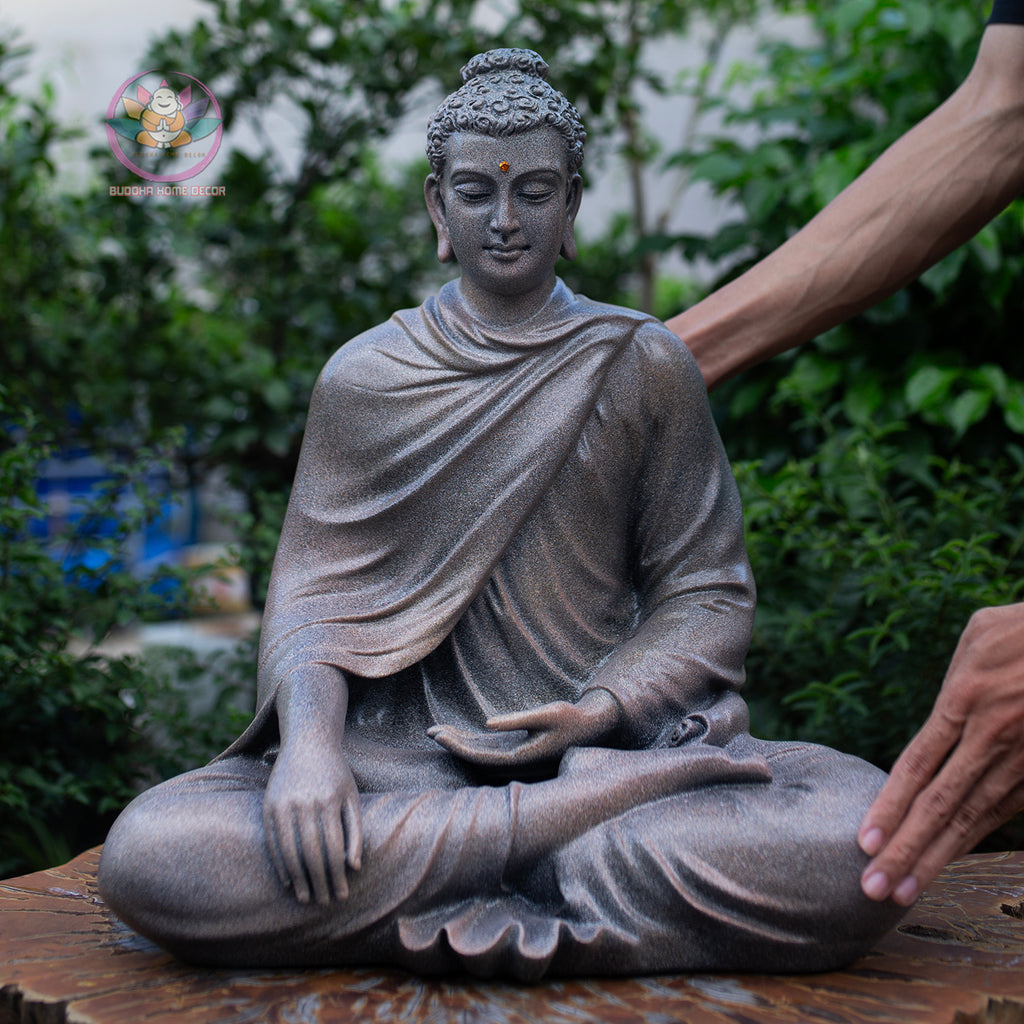 Large Buddha Statue 19.7" – Shakyamuni Meditation Sculpture in Antique Stone Finish