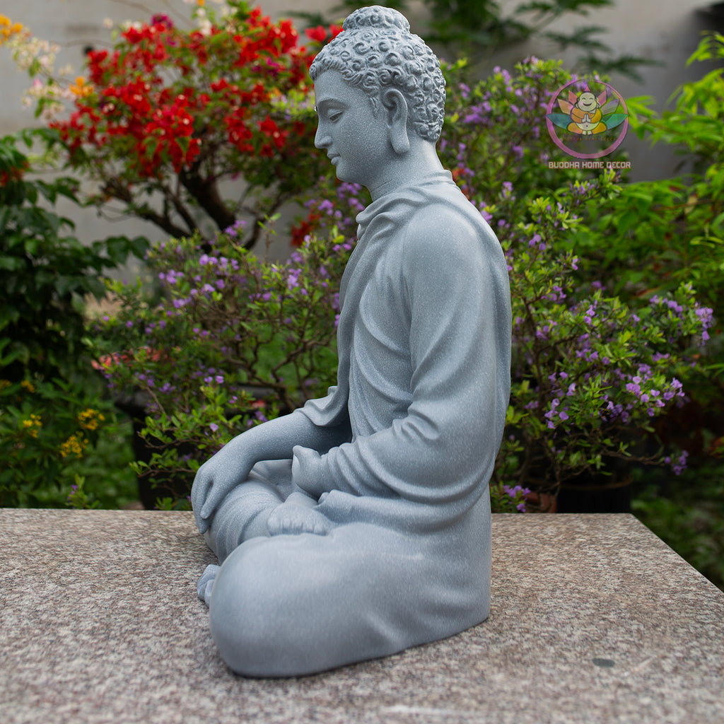Shakyamuni Buddha Statue 23.6" | Composite Resin and Stone Powder | Gray Stone Finish