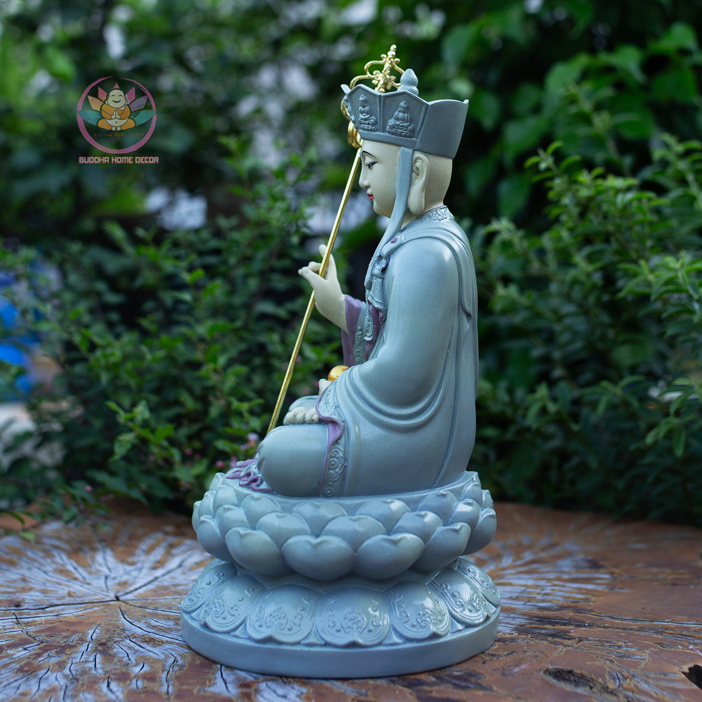Ksitigarbha Bodhisattva Statue 11.8" | Pastel Grey Finish with Gold Details | Buddhist Altar and Meditation Decor