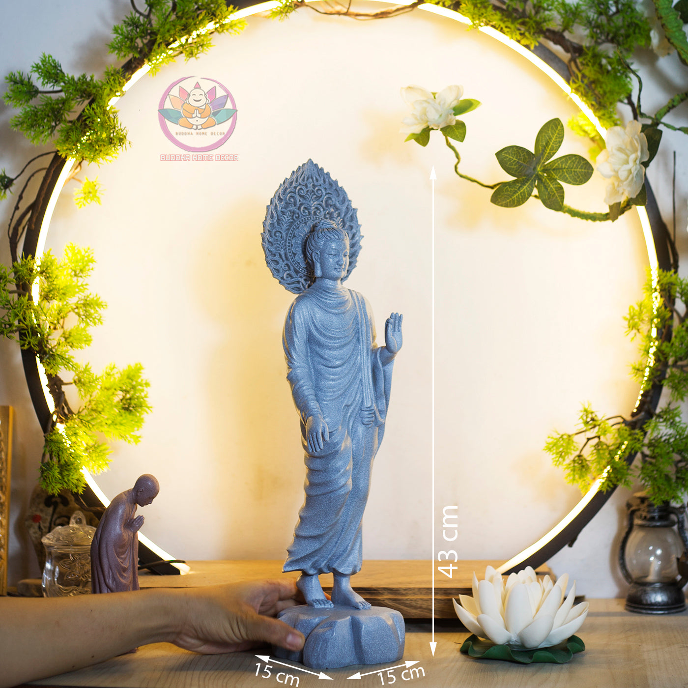 Shakyamuni Buddha Blessing Statue with Halo – 43cm Resin Stone Sculpture | Standing Buddha Figurine