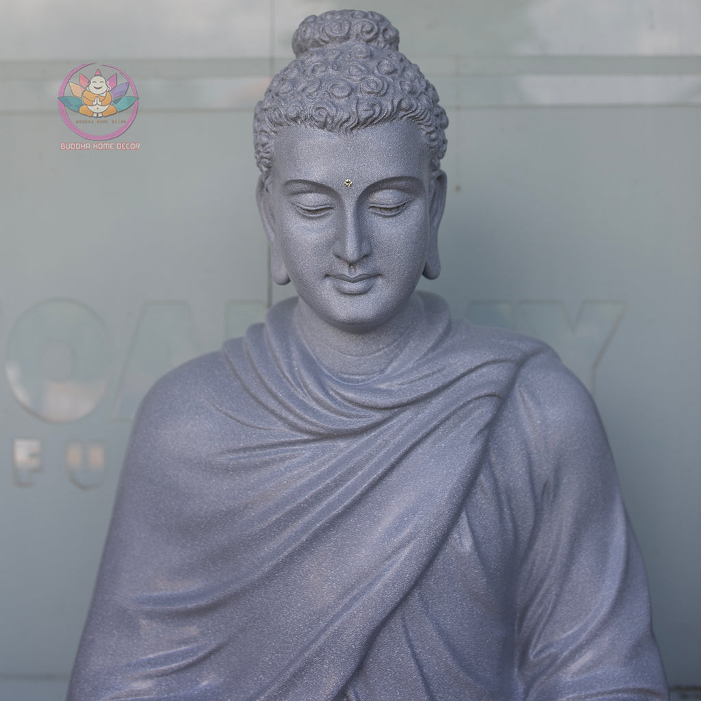 Shakyamuni Buddha Statue – Large Grey Stone Finish Seated Buddha Meditation Sculpture 29.5"
