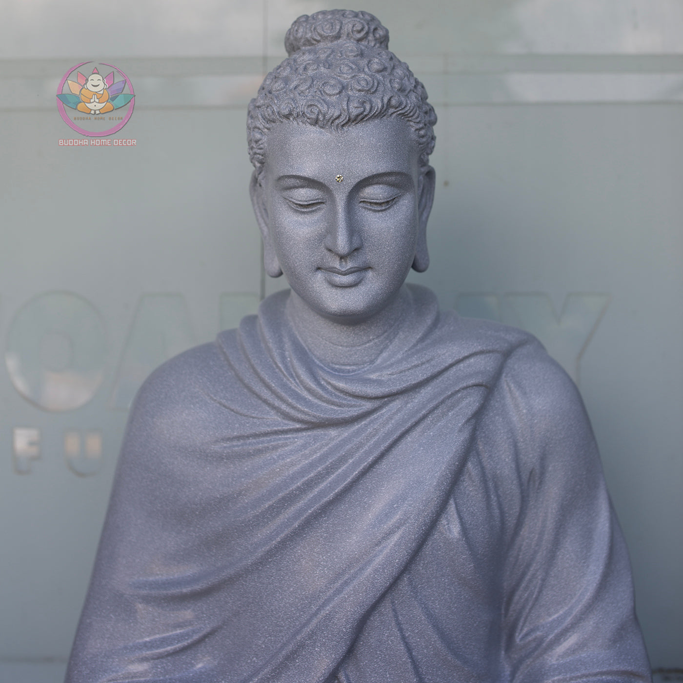 Shakyamuni Buddha Statue – Large Grey Stone Finish Seated Buddha Meditation Sculpture 29.5"