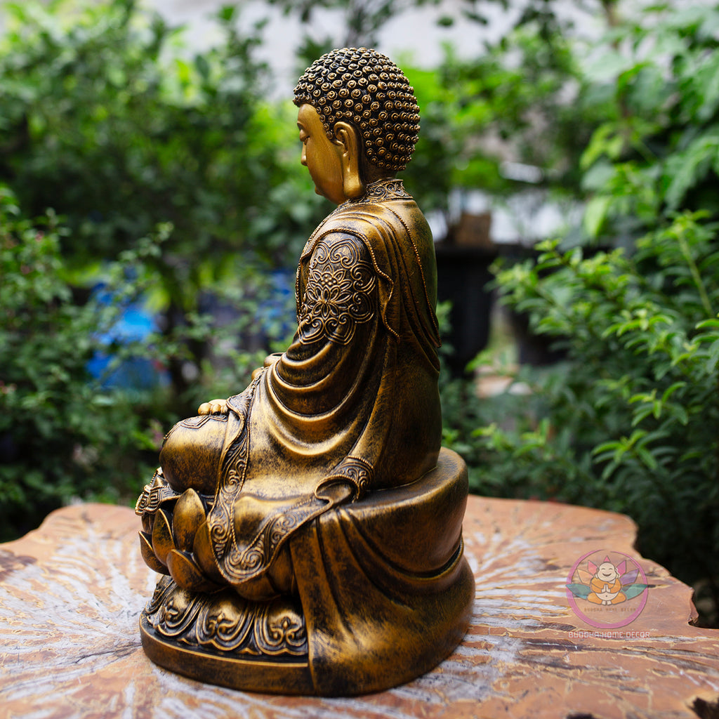 Golden Amitabha Buddha Statue – 14.9" Resin & Stone Sculpture | Meditating Buddha on Lotus Base