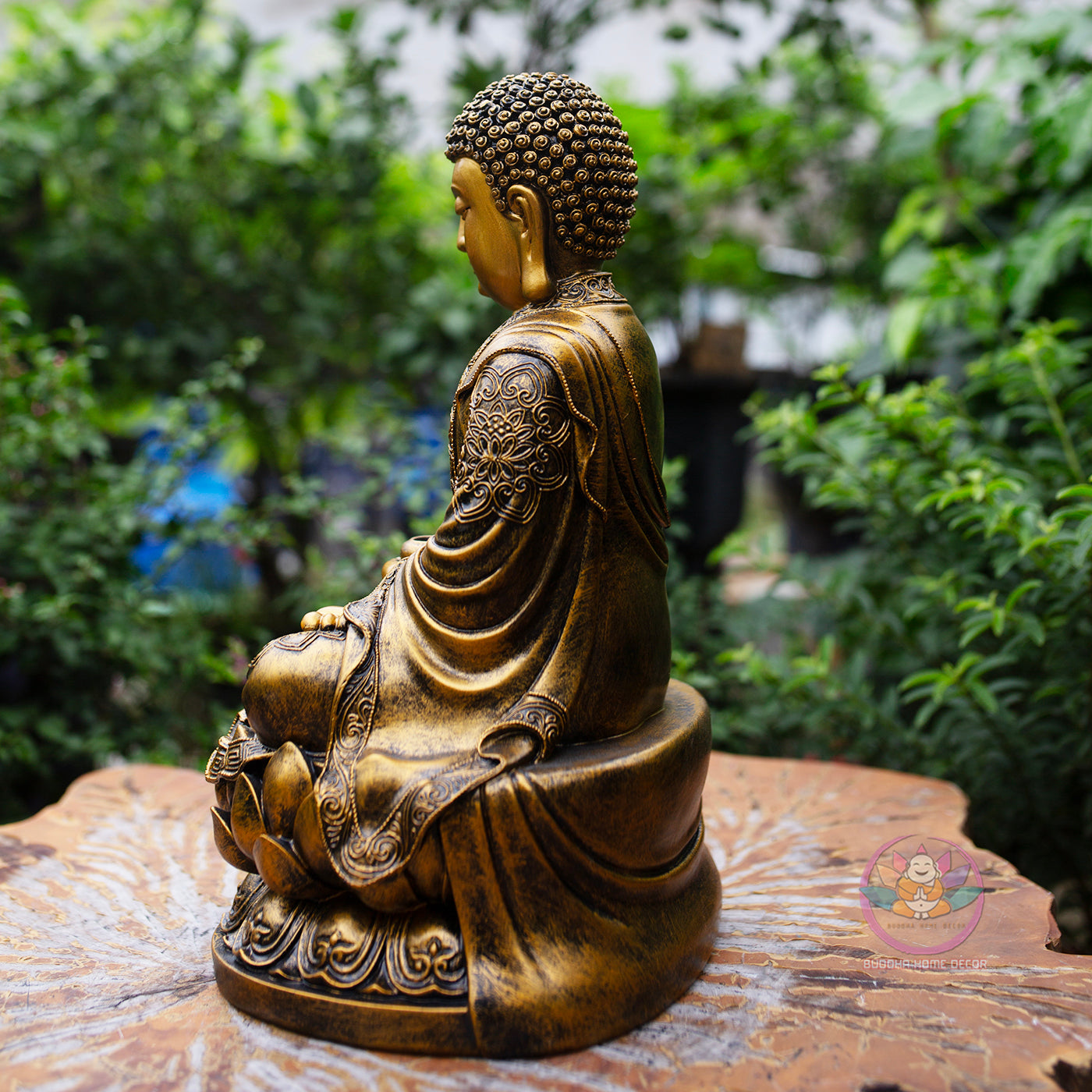 Golden Amitabha Buddha Statue – 14.9" Resin & Stone Sculpture | Meditating Buddha on Lotus Base