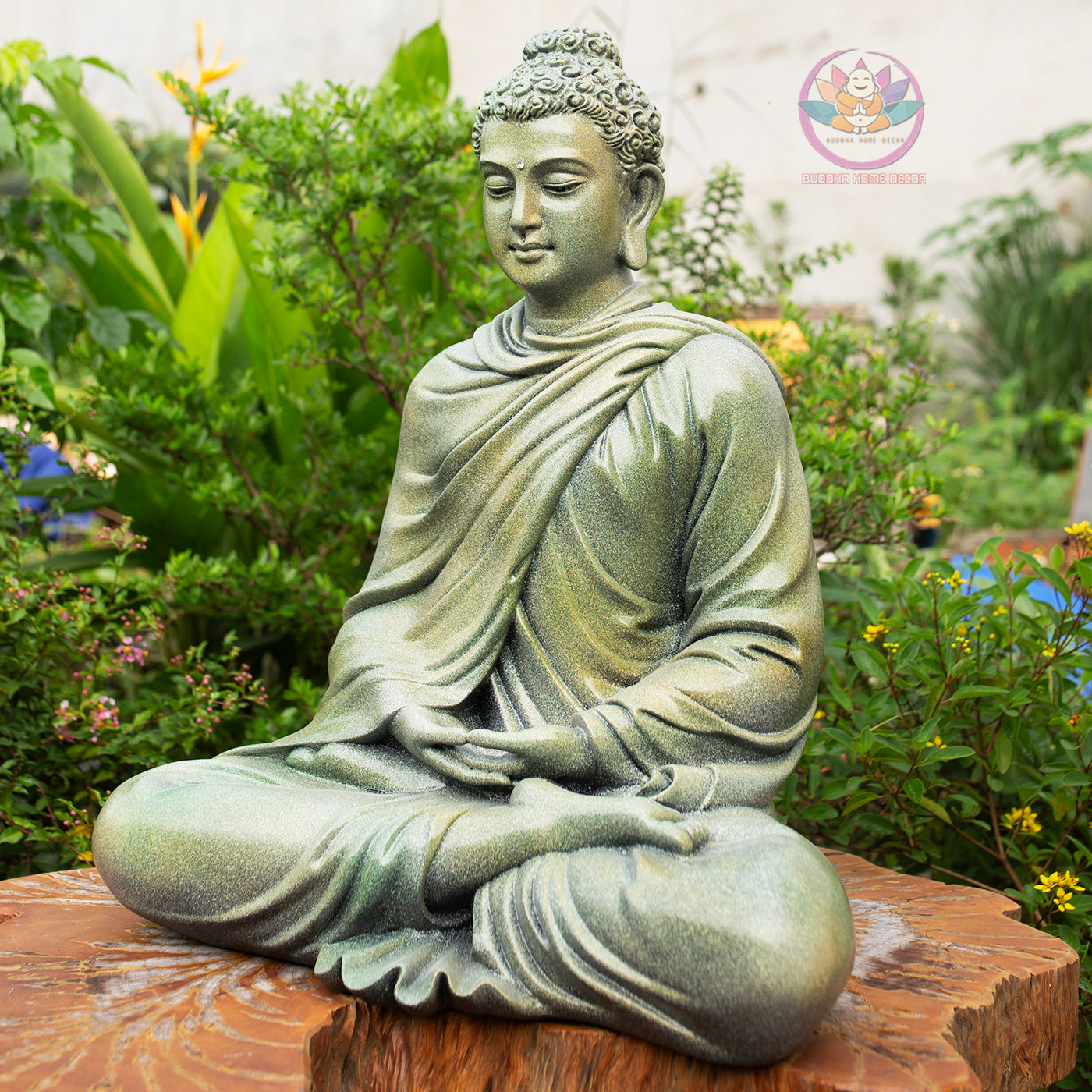 Shakyamuni Buddha Statue 20.5" | Composite Resin and Stone Powder | Green Stone Finish | Seated Meditation Buddha for Home and Garden Decor