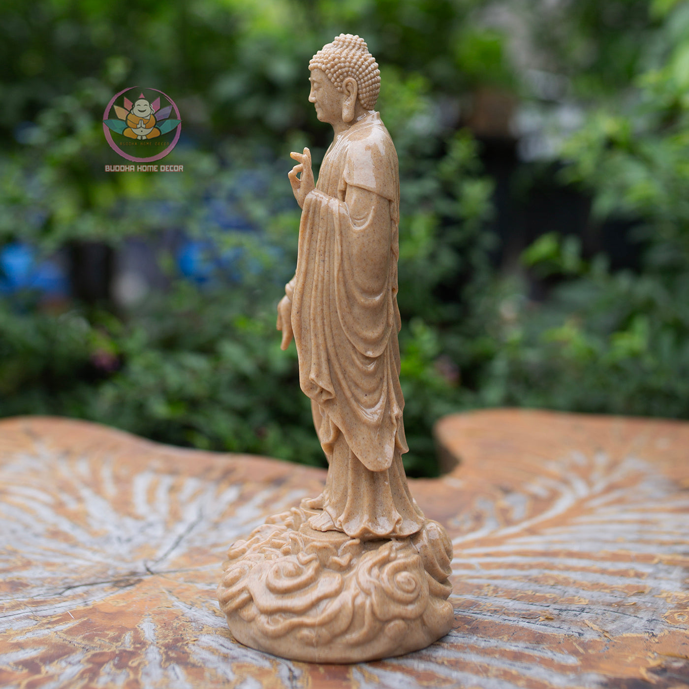 Amitabha Buddha Statue – 9" Standing Buddha on Lotus Base | Resin Stone Finish