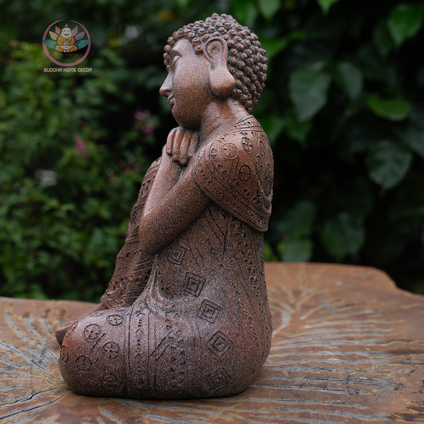 Resting Buddha Statue 9.8" – Red Stone Finish Sleeping Buddha for Home & Garden Decor