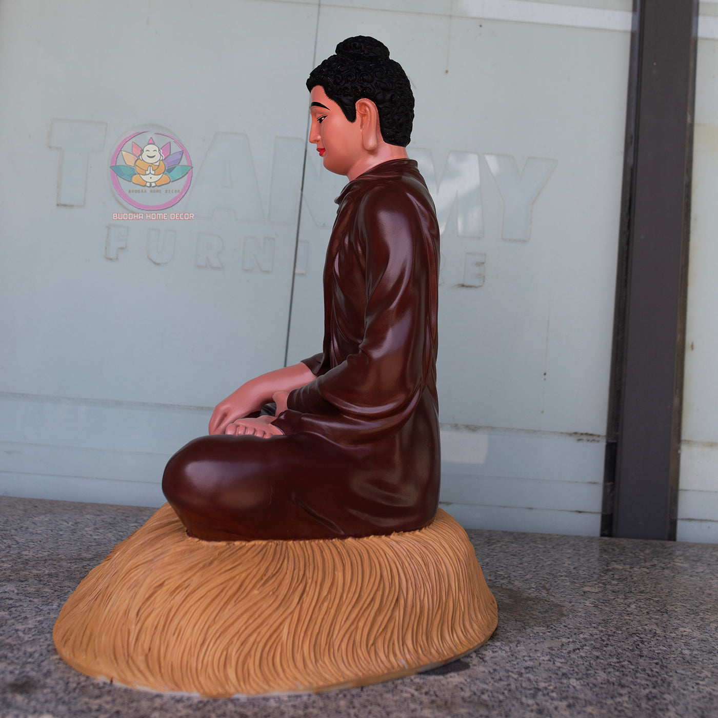 Shakyamuni Buddha Statue 23.6" Seated on Pedestial Glossy Ceramic Brown Finish