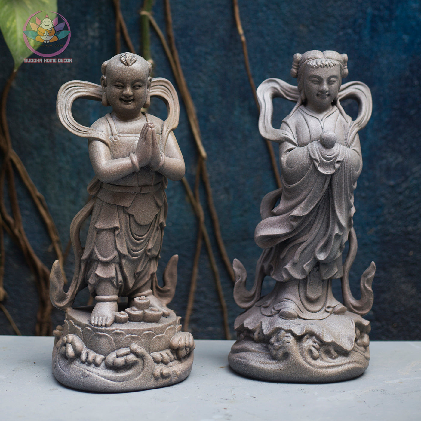 Heavenly Attendant Statue Set 11.8” | Boy & Girl Attendants (Tien Dong Ngoc Nu) | Resin Figurines for Altar, Buddhist Decor