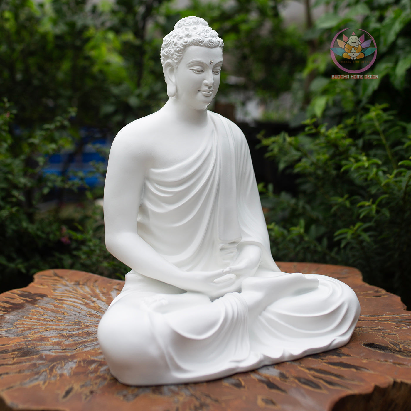 White Shakyamuni Buddha Statue – 37cm Resin Stone Sculpture | Meditating Buddha Figurine