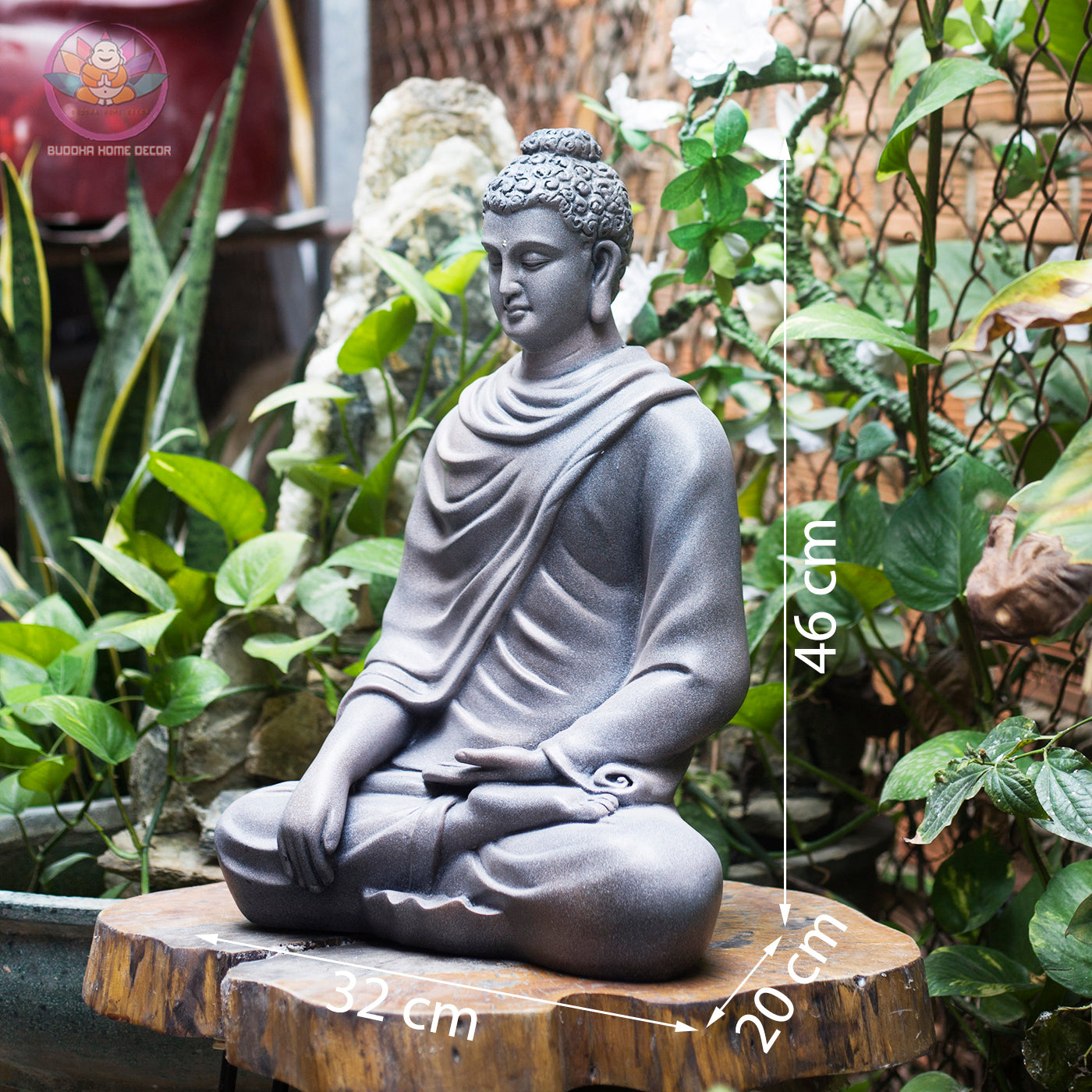 Stone-Textured Buddha Statue – 18.1" (46cm) Shakyamuni in Meditation | Earthy Gray Resin Finish | Handcrafted Vietnamese Altar Sculpture