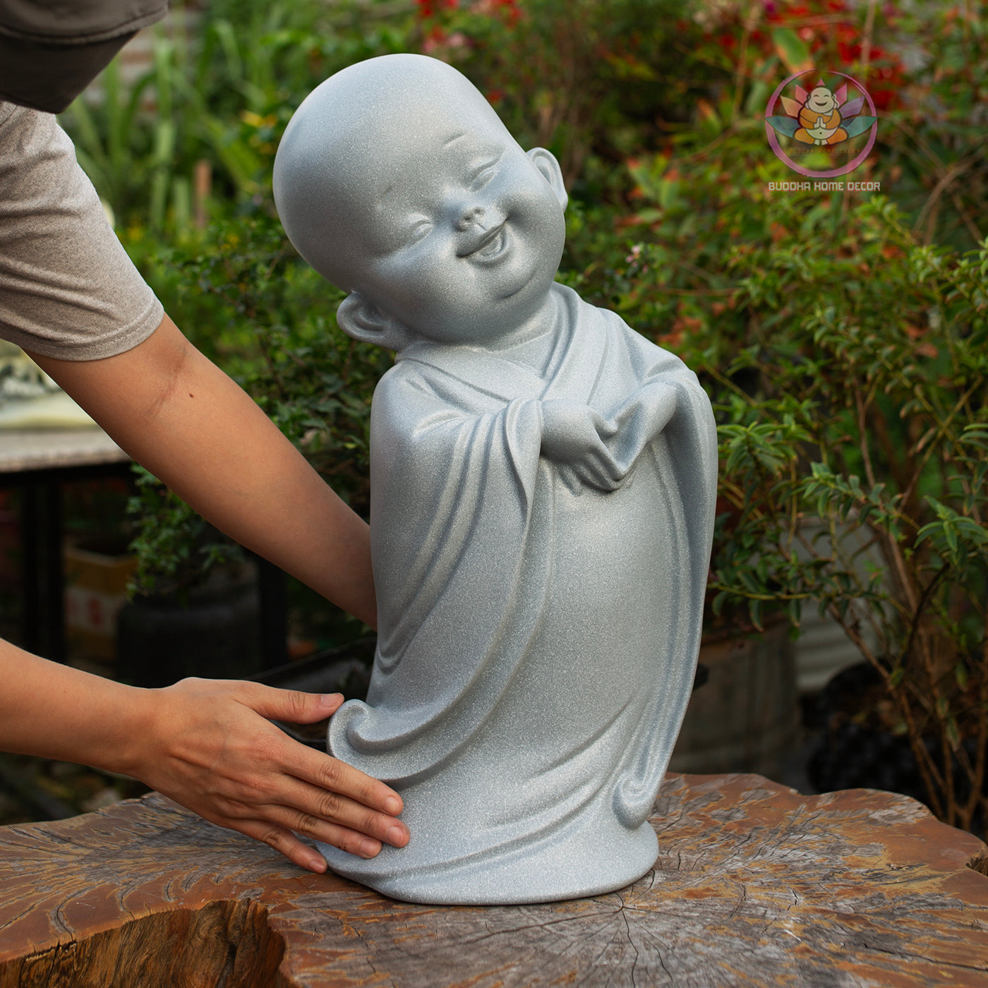 Happy Little Monk Statue 19.7" | Composite Resin and Stone Powder | Grey Stone Finish | Zen Monk Figurines for Home and Garden Decor
