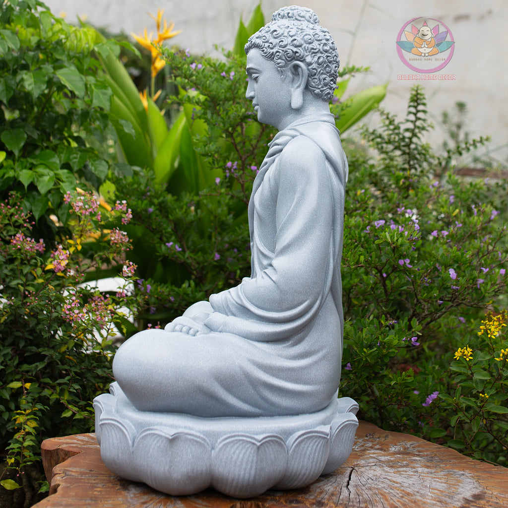 Shakyamuni Buddha Statue 23.6" | Composite Resin and Stone Powder | Grey Stone Finish | Seated Meditation Buddha on Lotus Pedestal