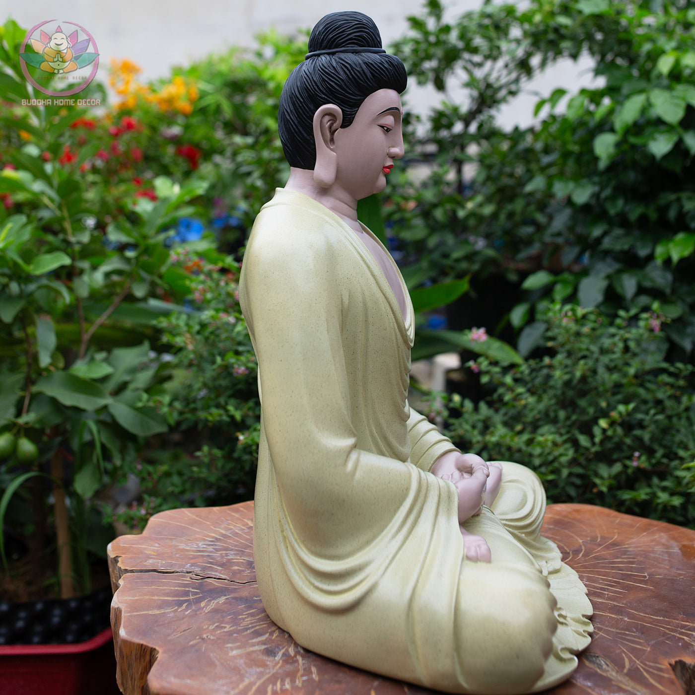 Ivory Yellow Buddha Statue – 21.7" (55cm) Shakyamuni in Meditation | Matte Resin Finish | Handcrafted Vietnamese Buddhist Sculpture