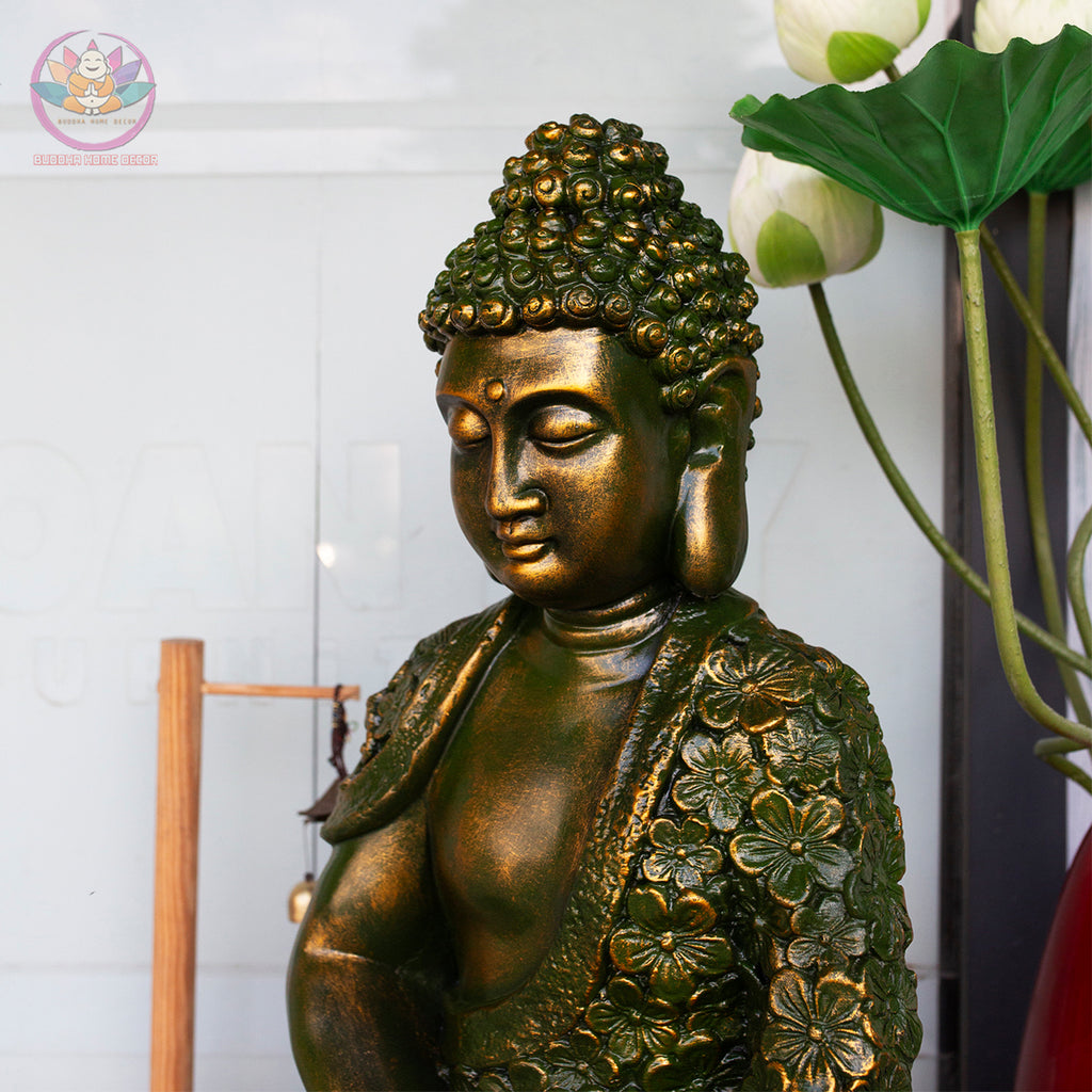Floral Buddha Statue – 17" or 27.5" | Green Bronze Finish | Meditation Shakyamuni | Resin Handcrafted Buddhist Decor from Vietnam
