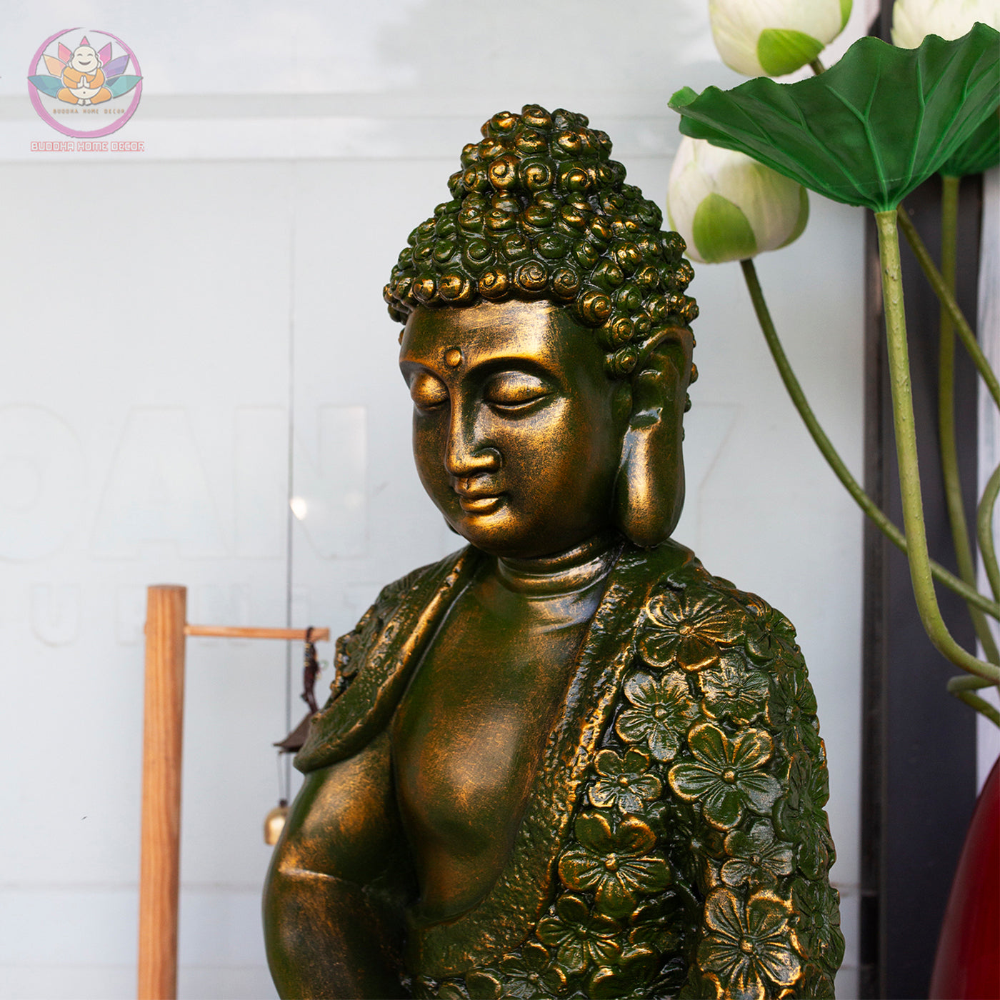 Floral Buddha Statue – 17" or 27.5" | Green Bronze Finish | Meditation Shakyamuni | Resin Handcrafted Buddhist Decor from Vietnam