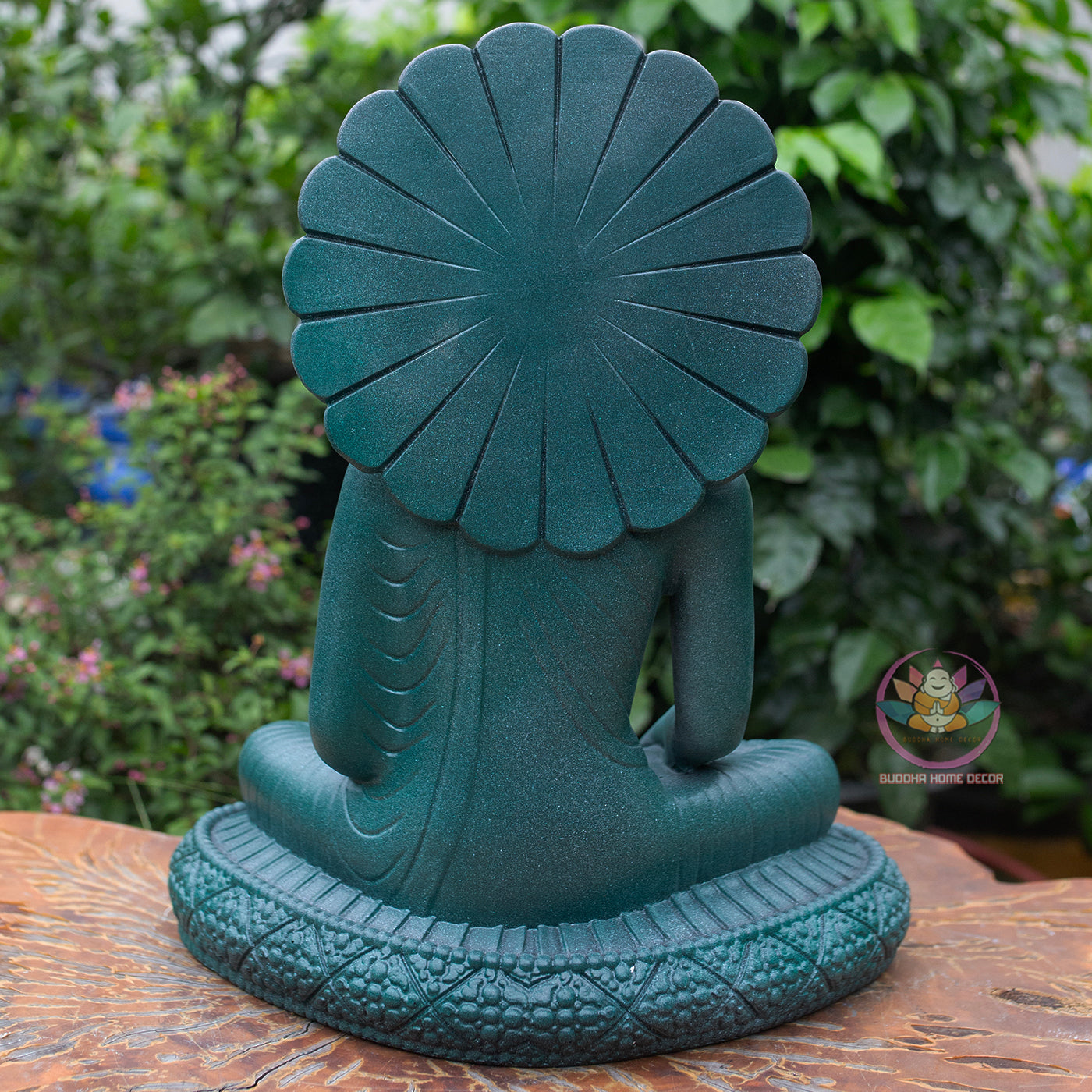 Thai Buddha Statue 15.3" – Composite Seated Buddha with Lotus Bowl and Halo, Antique Green Finish Meditation Sculpture