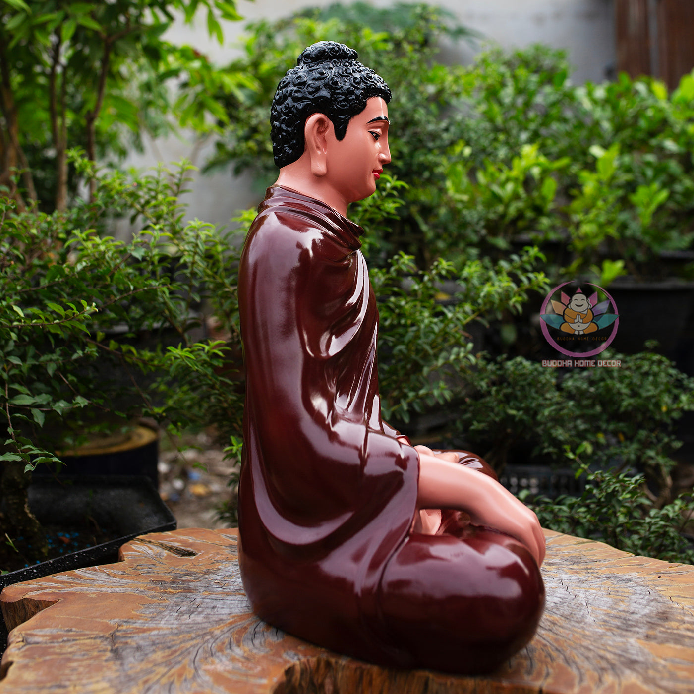 Shakyamuni Buddha Statue 19.7" | Composite Resin and Stone Powder | Glossy Ceramic Brown Finish