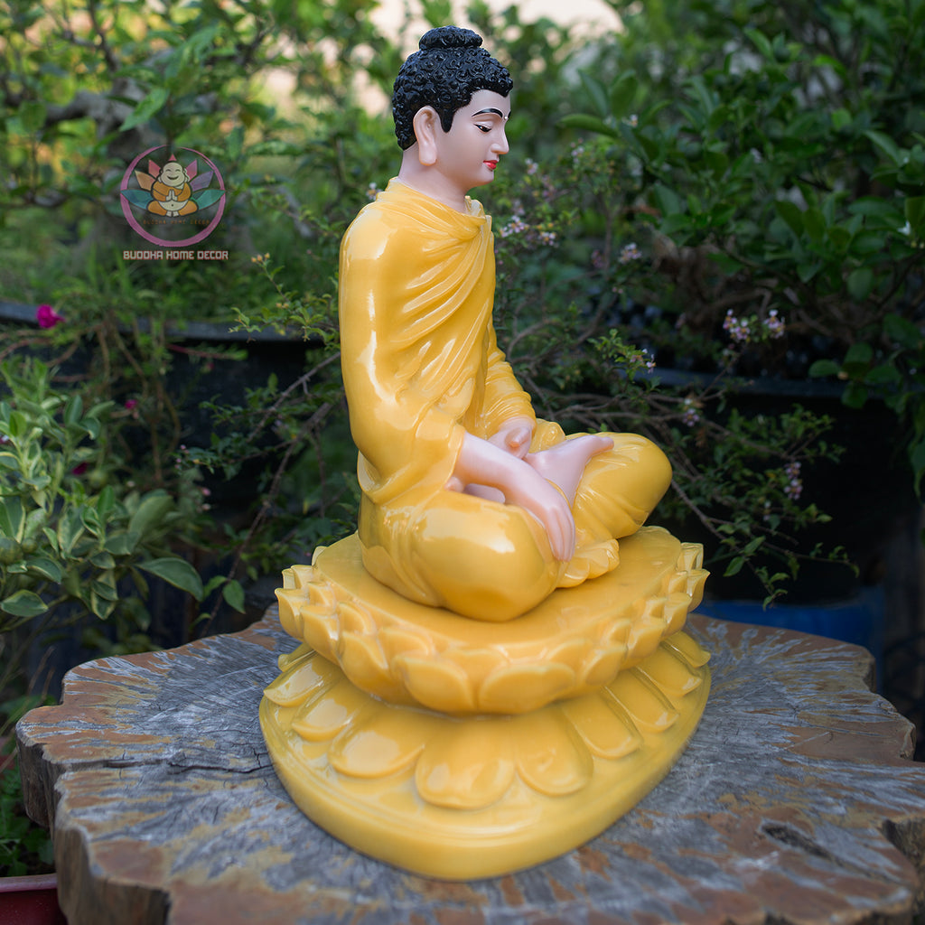 Shakyamuni Buddha Statue on 2-Layer Lotus Base – 50cm | Yellow Quartz Finish | Meditation Buddha | Spiritual Home Decor